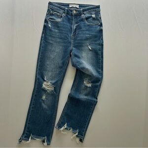 Risen High-Rise Distressed Flare Jeans Medium Wash Raw Hem Size 5/27 Spring Wear